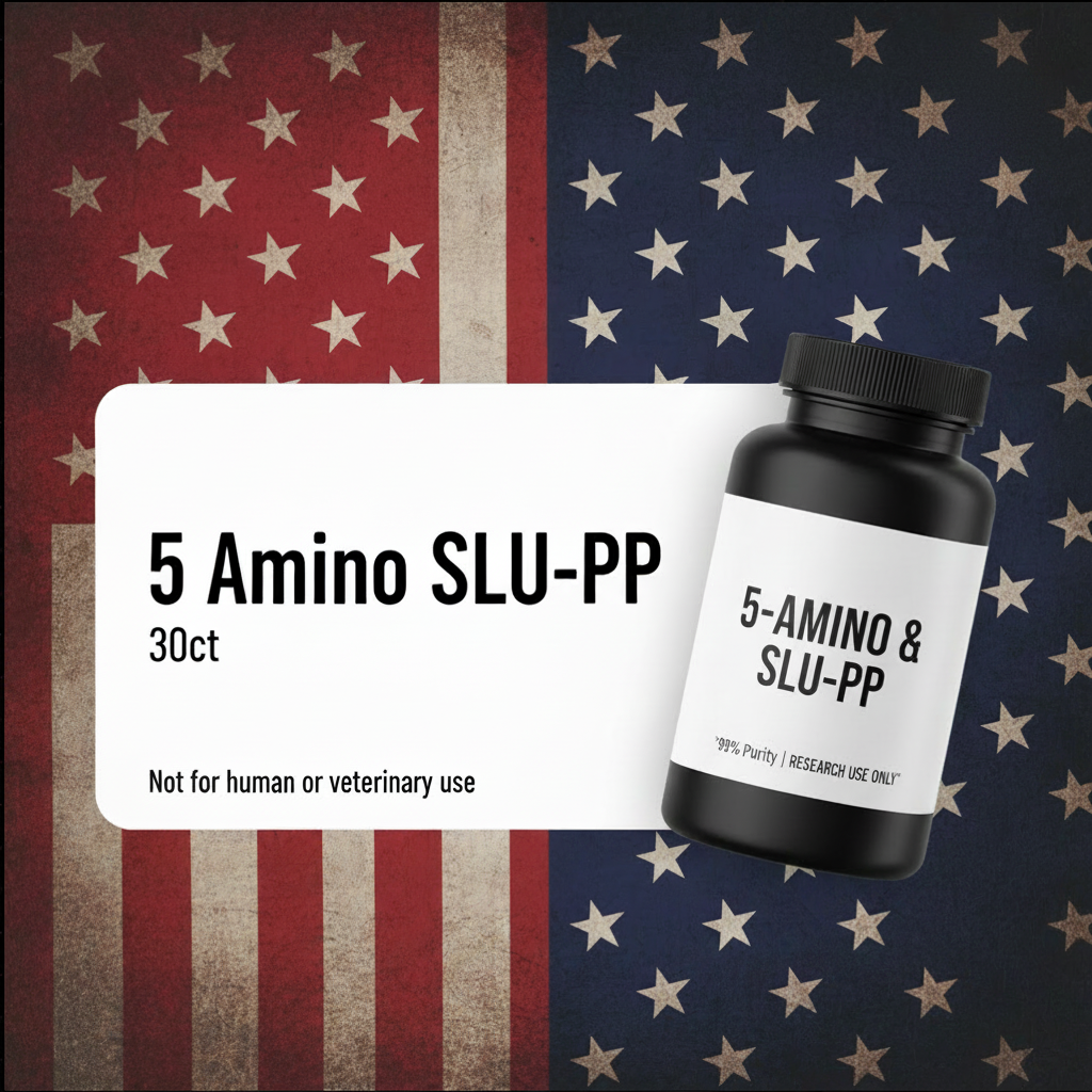 5 Amino SLU-PP 30ct supplement bottle on patriotic American flag background