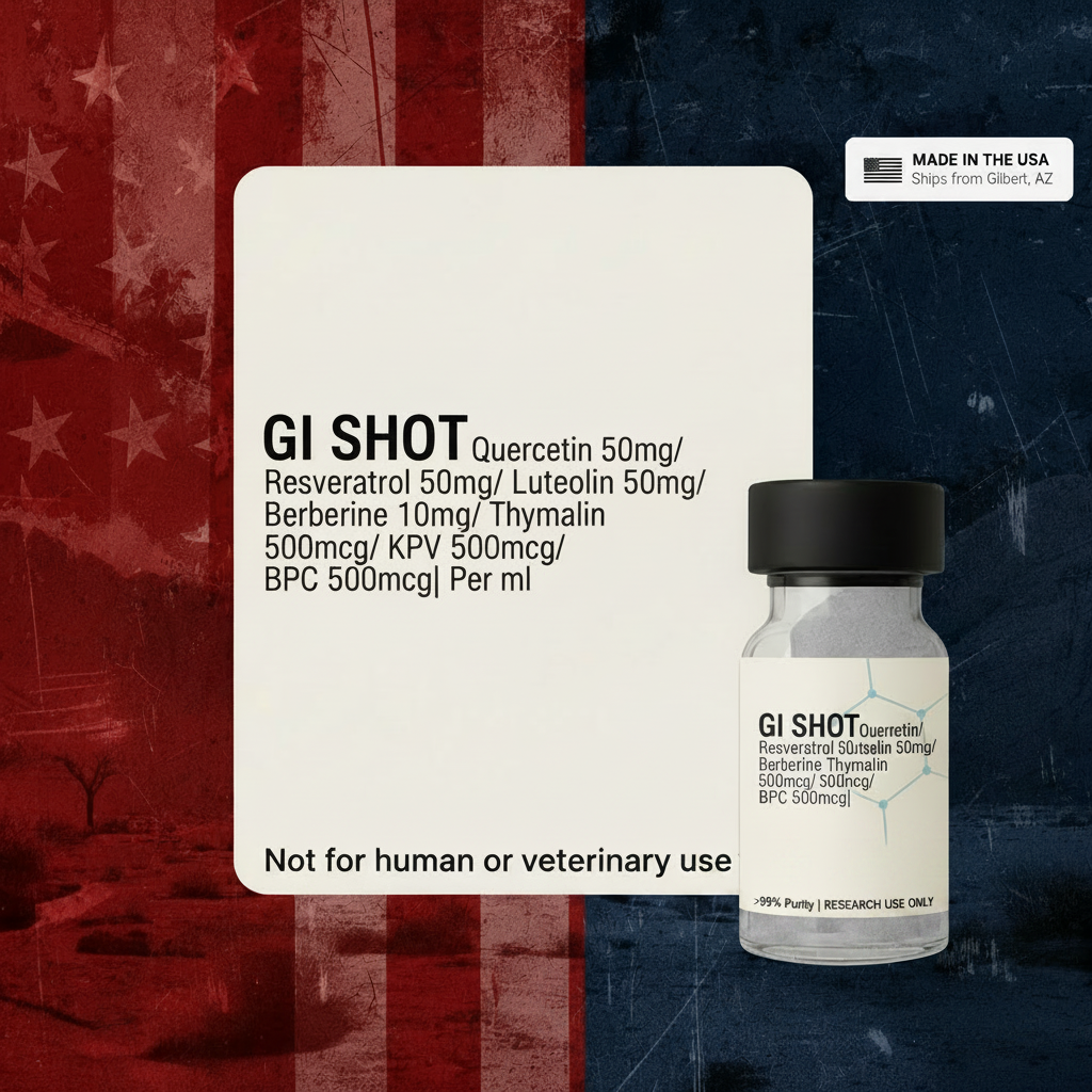 GI Shot Gut Shot research peptide vial patriotic background with ingredients
